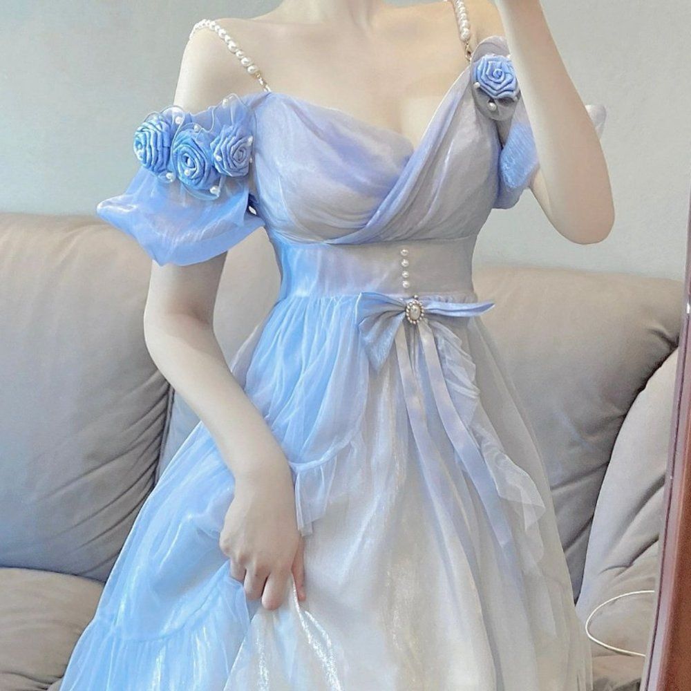 Blue Rose Bubble Sleeve Gradient Princess Lolita Women Dress #1259 - Picture 3 of 6